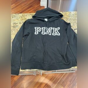 Victoria Secret Pink Zip up Hoodie.Black with White Lettering.  EUC size large